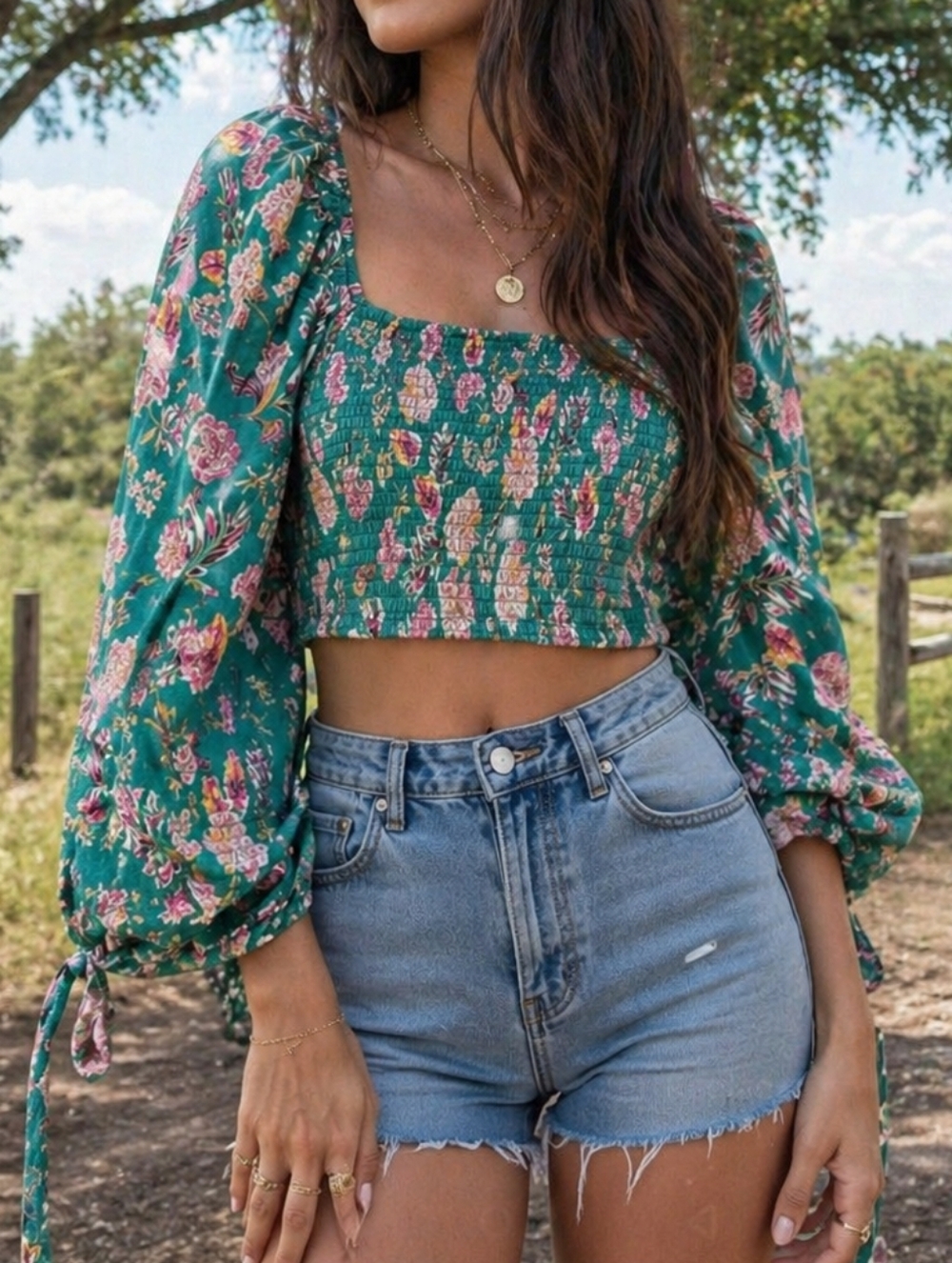 B.O.G Collection 100% Viscose Floral Smocked Off Shoulder Crop Top Boho
